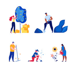 Work in the park, garden, landscape design, planting young trees, landscaping. Vector illustration in flat cartoon style.