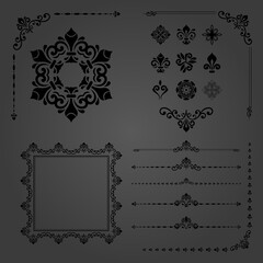 Vintage set of vector horizontal, square and round black elements. Dak elements for backgrounds, frames and monograms. Classic patterns. Set of vintage patterns