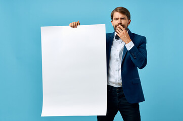 Business man in suit presentation blue background Copy Space mockup