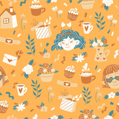 Seamless pattern with romantic elements: hearts, flowers and love letter.