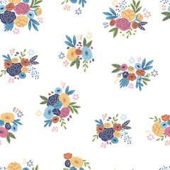 Fototapeta na wymiar Vector pattern in doodle style with flowers and leaves. Hand drawn vector illustration.