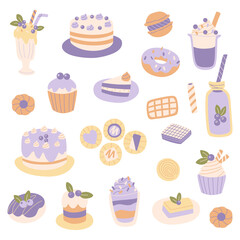 
Hand drawn different sweets set. Muffin, cocktail, macaroon, cupcake and candy on the white background.
