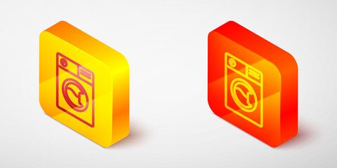 Isometric line Washer icon isolated on grey background. Washing machine icon. Clothes washer - laundry machine. Home appliance symbol. Yellow and orange square button. Vector.