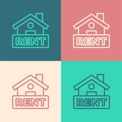 Pop art line Hanging sign with text Rent icon isolated on color background. Signboard with text For Rent. Vector.
