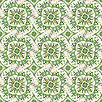Watercolor pattern in vintage style - imitation of ceramic tiles with oriental ethnic ornament in green. Ancient tile geometric seamless pattern. Azulejos Portugal, Turkish ornament, Moroccan tile