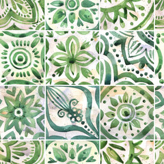 Watercolor seamless pattern with illustration of ceramic tile ornament. Azulejos Portugal, Turkish ornament, Moroccan tile mosaic, Talavera pattern. Texture for wallpaper, fabric, wrapping paper