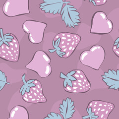 Seamless pattern with cute heart and strawberriess, background for Valentine's Day. Cartoon style. Elements for the design of textiles, cards, t-shirts,wrapping.