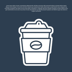 Blue line Coffee cup to go icon isolated on blue background. Vector.