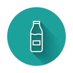 White line Closed glass bottle with milk icon isolated with long shadow background. Green circle button. Vector.