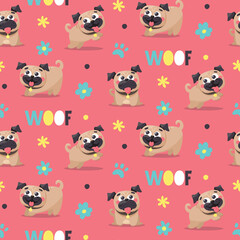 Seamless cute dog pattern with dogs, pugs, pet, puppy, paw, flowers, woof