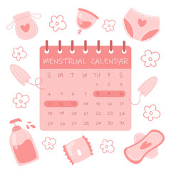 Menstrual cycle calendar and feminine hygiene items in flat style