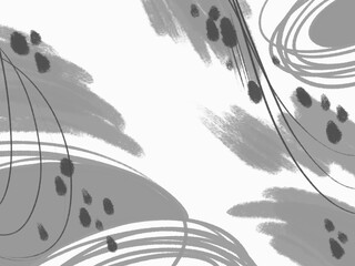 Memphis spots and lines monochrome black and white. Paint strokes geometry graphics liquid gouache. Background for brand, packaging, textiles, beauty, trend, stationery, social media.