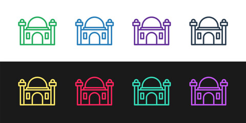 Set line Muslim Mosque icon isolated on black and white background. Vector.