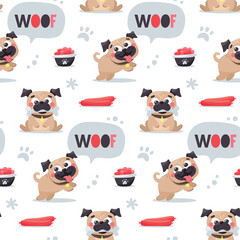 Fototapeta na wymiar Seamless cute dog pattern with pugs, pet, puppy, woof, dog food, chicken leg, meat, sausages, paw