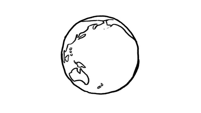 Black and white, hand drawn, spinning planet Earth