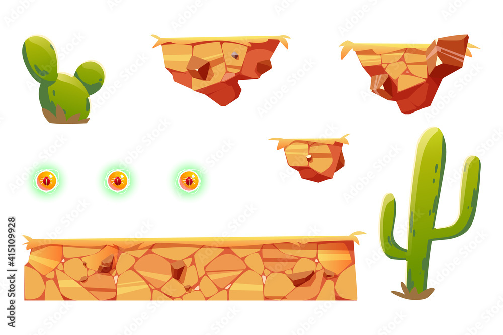 Wall mural cartoon elements for arcade game platform, 2d ui design desert landscape for computer or mobile. cac