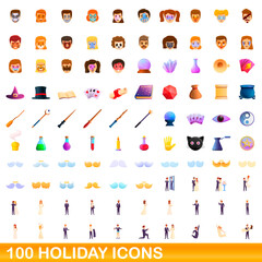 100 holiday icons set. Cartoon illustration of 100 holiday icons vector set isolated on white background