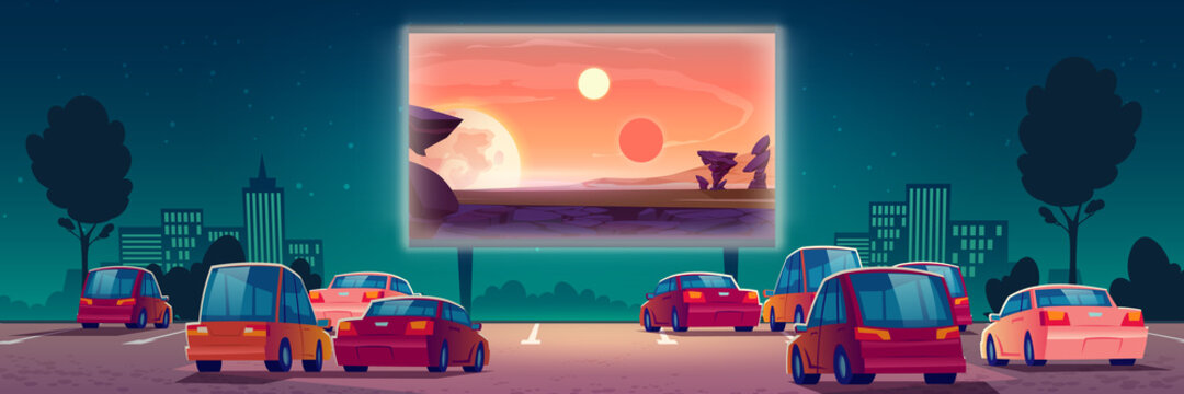 Outdoor cinema, drive-in movie theater with cars on open air parking. Vector cartoon summer night city with fantastic film on screen and automobiles. Urban entertainment, film festival
