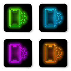 Glowing neon line Phone repair service icon isolated on white background. Adjusting, service, setting, maintenance, repair, fixing. Black square button. Vector.