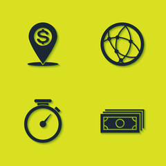 Set Cash location pin, Stacks paper money cash, Stopwatch and Social network icon. Vector.