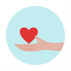 Simple styled hand with heart in blue circle. Vector illustration.