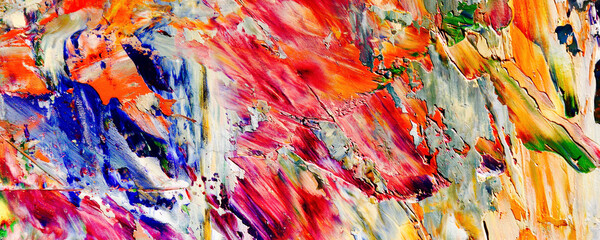 Bunter abstrakter Malereihintergrund. Moderne Motive bildende Kunst. Intensive mehrfarbige Mischung aus lebendigen Ölfarben. Trendige handbemalte Leinwand. Malen Sie Pinselstriche auf Leinwand für trendige Postertapeten. © Valeriy