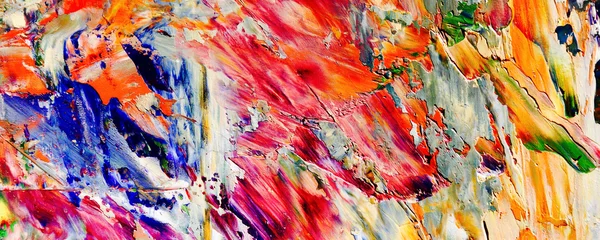 Bunter abstrakter Malereihintergrund. Moderne Motive bildende Kunst. Intensive mehrfarbige Mischung aus lebendigen Ölfarben. Trendige handbemalte Leinwand. Malen Sie Pinselstriche auf Leinwand für trendige Postertapeten. © Valeriy