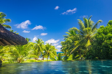 Fototapeta na wymiar A tropical view from a pool on Praslin island resort, Seychelles