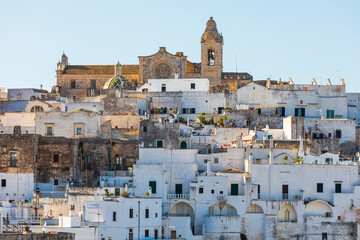 Italy, Apulia, Province of Brindisi, Ostuni. Church of San Vito Martire rises above city buildings.
