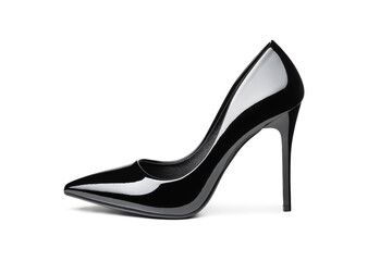 One black lacquered shiny female shoes with thin high heels isolated on white background. Close-up