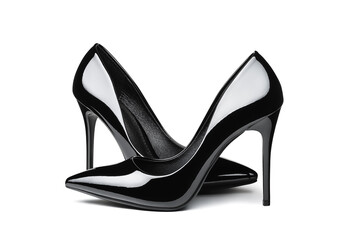 Pair of elegant classic patent leather women's high-heeled shoes isolated on white background. Copy...