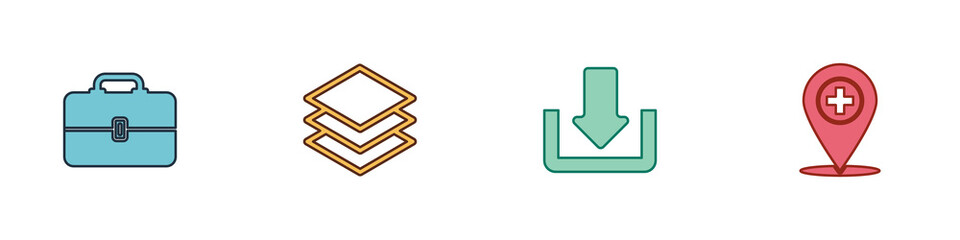 Set Toolbox, Layers, Download and Medical location with cross icon. Vector.