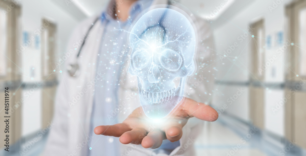 Poster Radiologist using digital x-ray skull holographic scan projection 3D rendering