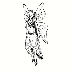 Beautiful fairy flying isolated. Ink black and white doodle drawing in woodcut outline style. Vector illustration