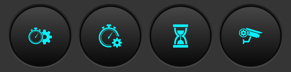 Set Time management setting, , Old hourglass with sand and Security camera icon. Vector.