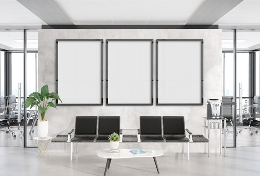 Three vertical frames Mockup hanging in office waiting room. Mock up of billboards in modern concrete interior 3D rendering