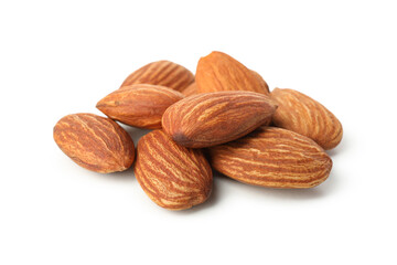 Heap of tasty almonds isolated on white background