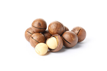 Tasty macadamia nuts isolated on white background