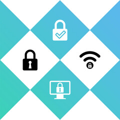 Set Lock, on monitor, and check mark and Wifi locked icon. Vector.