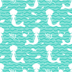 Sea life vector seamless pattern background with fishes, crabs, sea weed, mermaid silhouettes.
