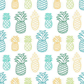 Colorful outlined, doodle tropical pineapples vector seamless pattern background. 
