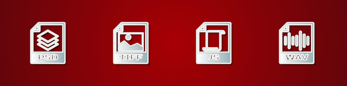 Set PSD file document, TIFF, JS and WAV icon. Vector.
