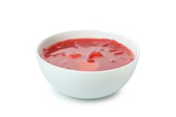 Bowl of beetroot soup isolated on white background