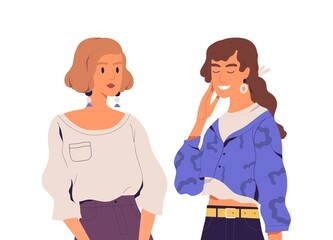 Awkward moment and misunderstanding between two chatting people with different reactions happy laughing woman, and serious and embarrassed one. Flat vector illustration isolated on white background