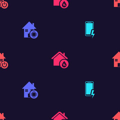 Set Mobile charging battery, Smart home, House humidity and on seamless pattern. Vector.