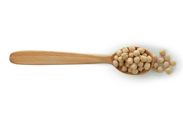 Spoon with fresh chickpea isolated on white background