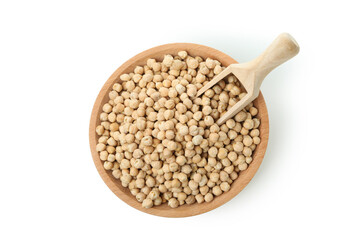 Bowl with chickpea and scoop isolated on white background