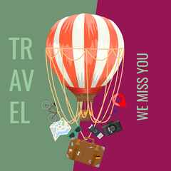 Travel concept adverstisement template ads layout for your design. Air balloon with travel elements. Vector illustration.