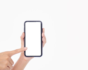 Woman holding smartphone with blank screen