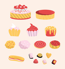 Desserts and pastries set isolated on white background